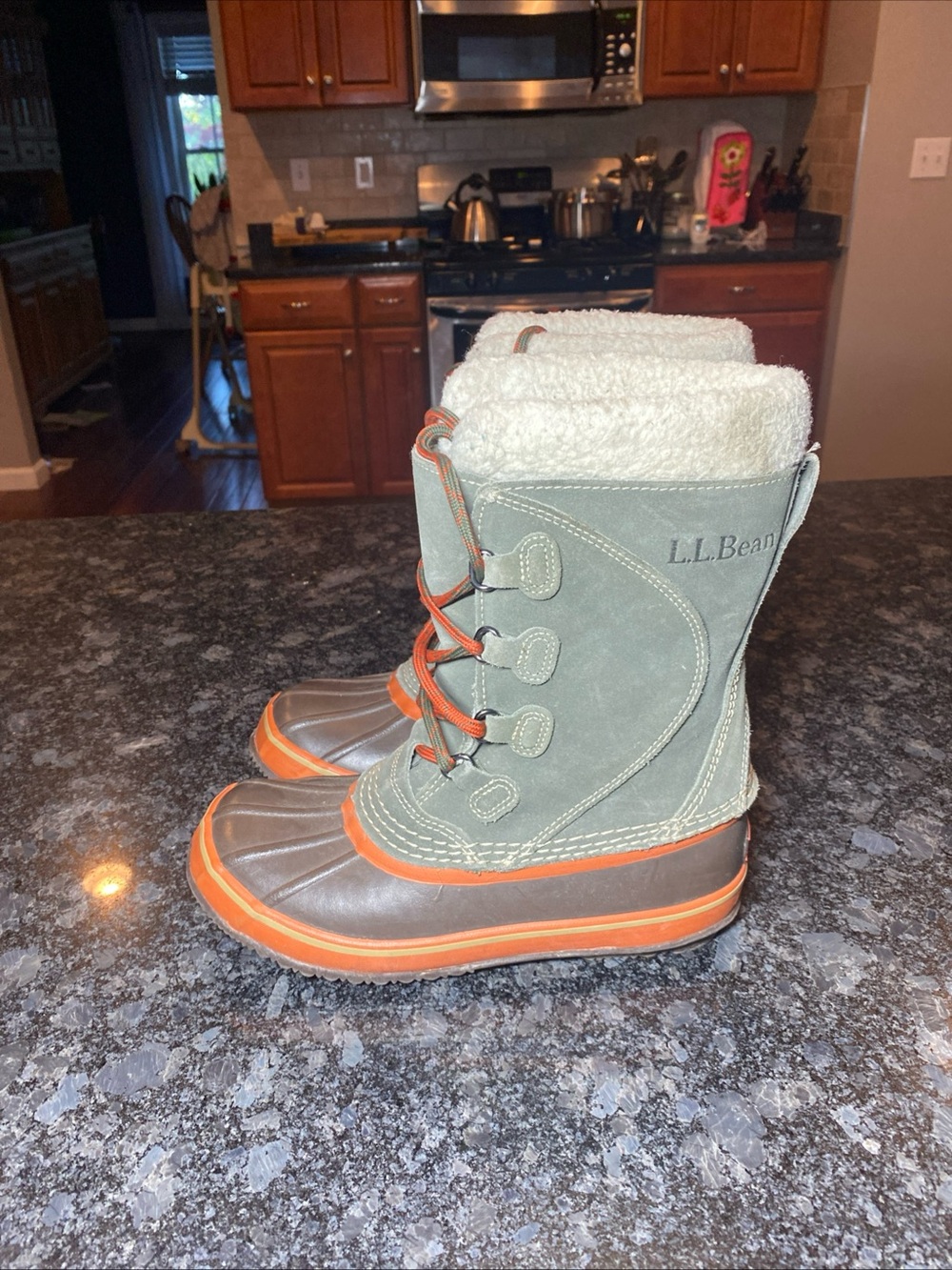LL Bean Kids Winter Pac Snow Duck Lined Boots Gray/Orange Suede Rubber Sz 3